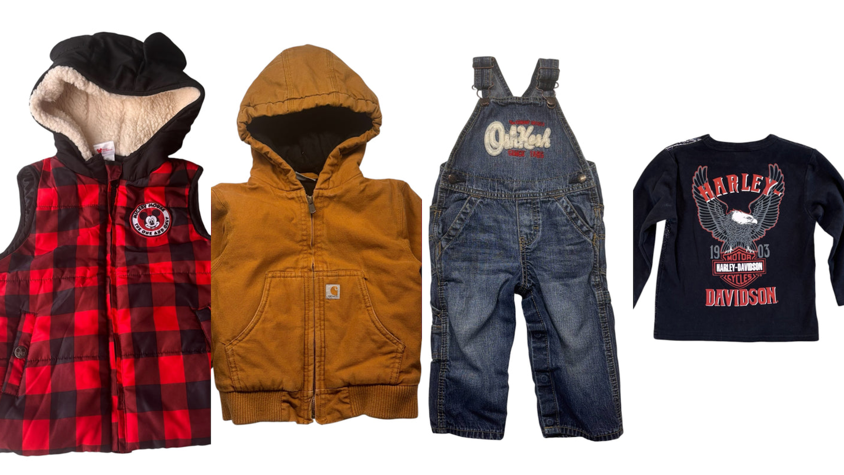 oshkosh overalls, carhartt jacket disney vest harley davidosn long sleeve 